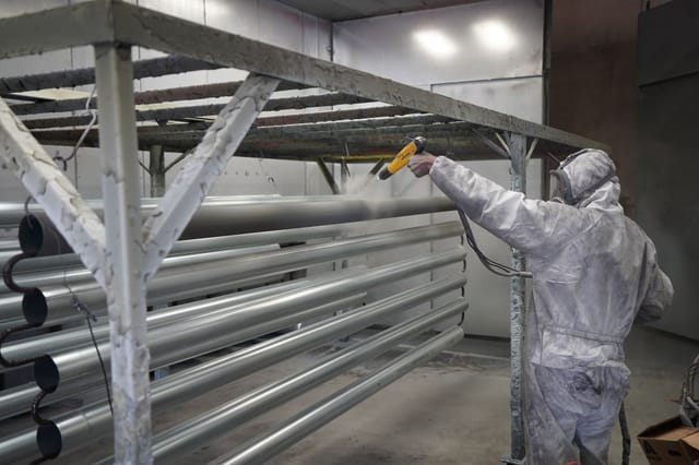 Technician in protective clothing spray applying a coating to a steel structure