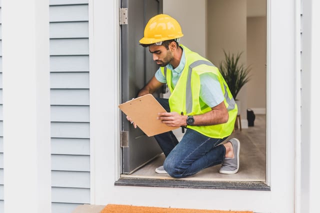Inspector in hi-vis reviewing findings on a clipboard during a site check