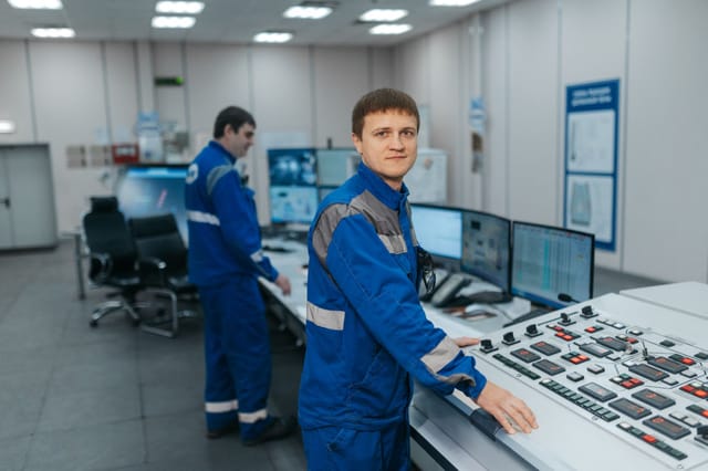Two operators monitoring process data on screens in an industrial control room
