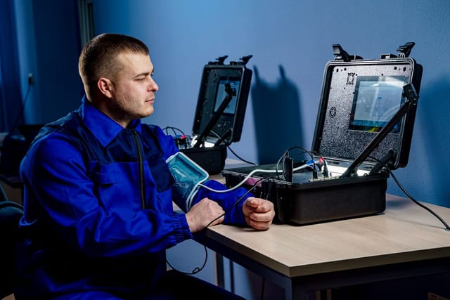 NDT technician operating a portable flaw detector from an instrument case