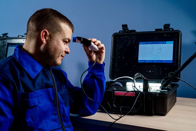 NDT technician using a portable ultrasonic flaw detector and probe at a workbench